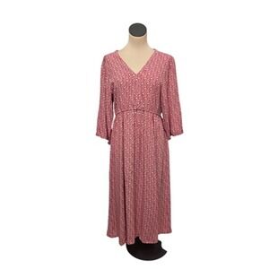 April Cornell Dress Womens Medium Red Floral V Neck Midi Belted Boho Cottagecore